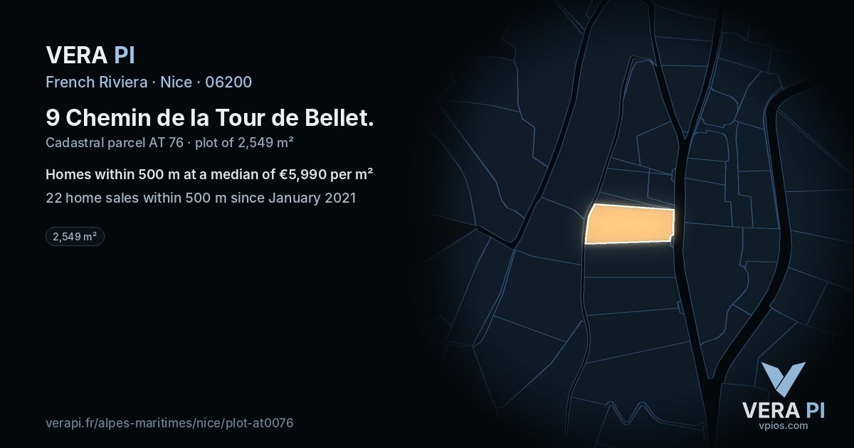 9 Chemin de la Tour de Bellet, Nice at night – the plot lit, the parcels around coloured by the prices near them