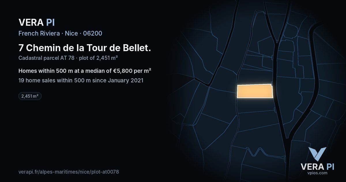7 Chemin de la Tour de Bellet, Nice at night – the plot lit, the parcels around coloured by the prices near them