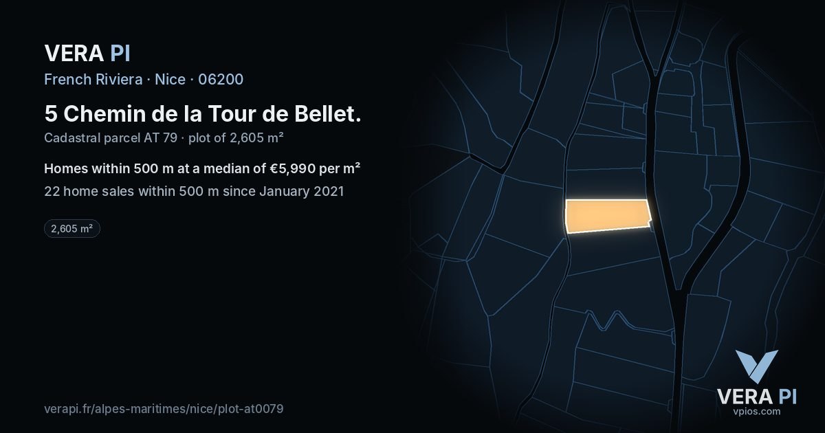5 Chemin de la Tour de Bellet, Nice at night – the plot lit, the parcels around coloured by the prices near them