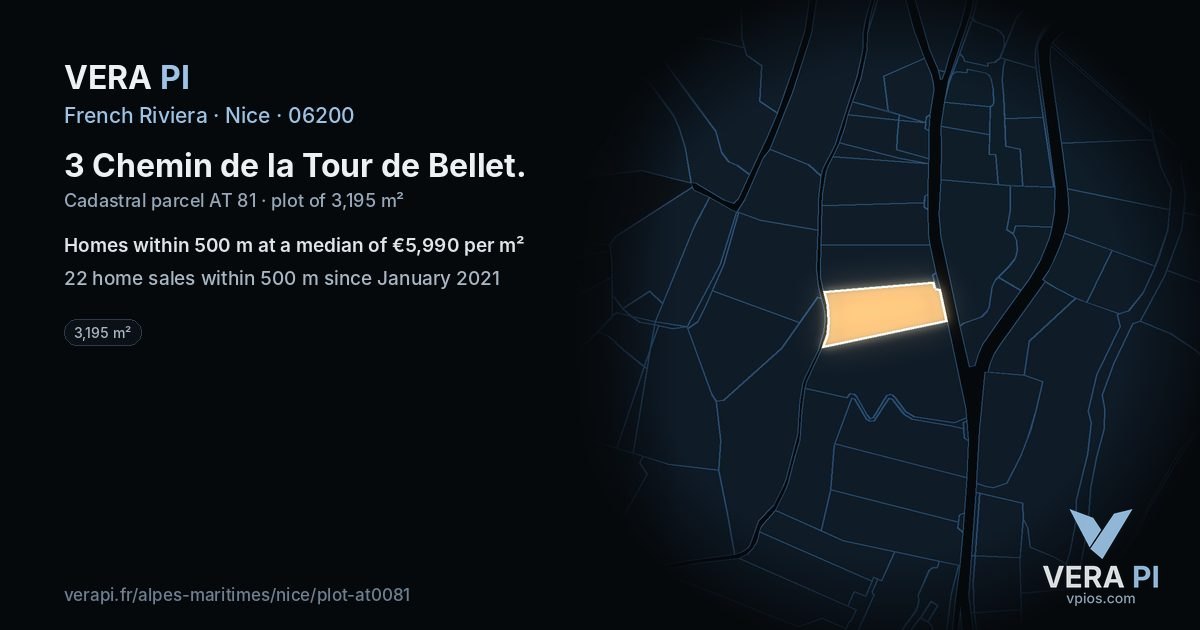 3 Chemin de la Tour de Bellet, Nice at night – the plot lit, the parcels around coloured by the prices near them