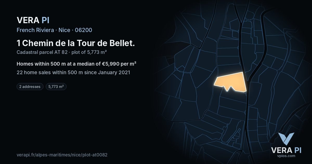 1 Chemin de la Tour de Bellet, Nice at night – the plot lit, the parcels around coloured by the prices near them
