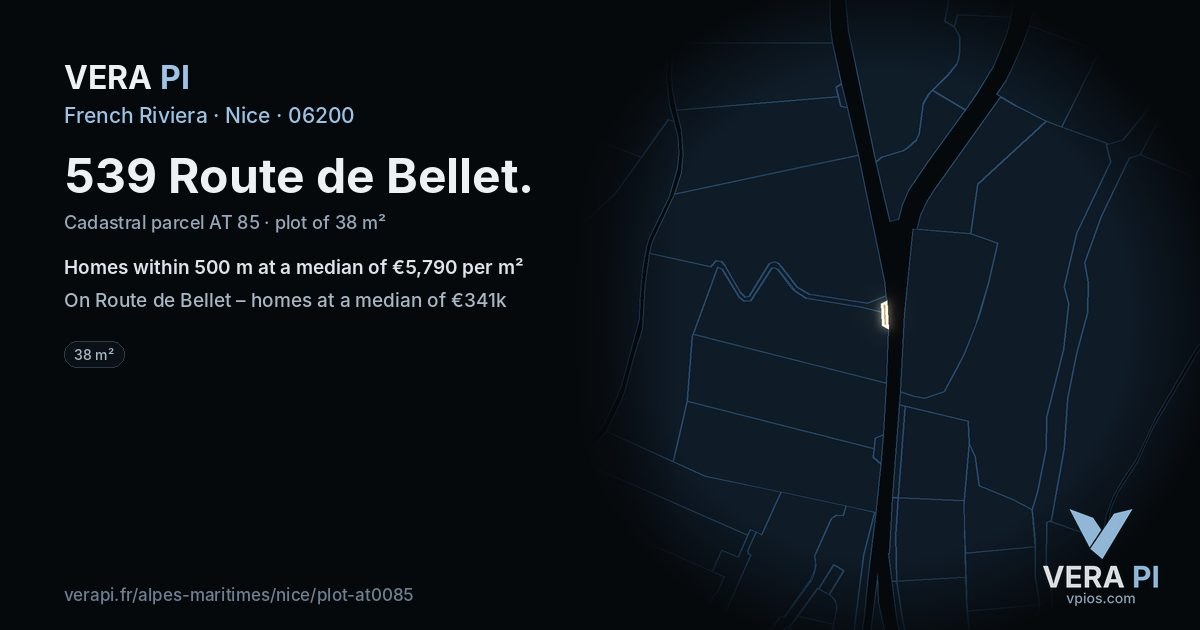 539 Route de Bellet, Nice at night – the plot lit, the parcels around coloured by the prices near them