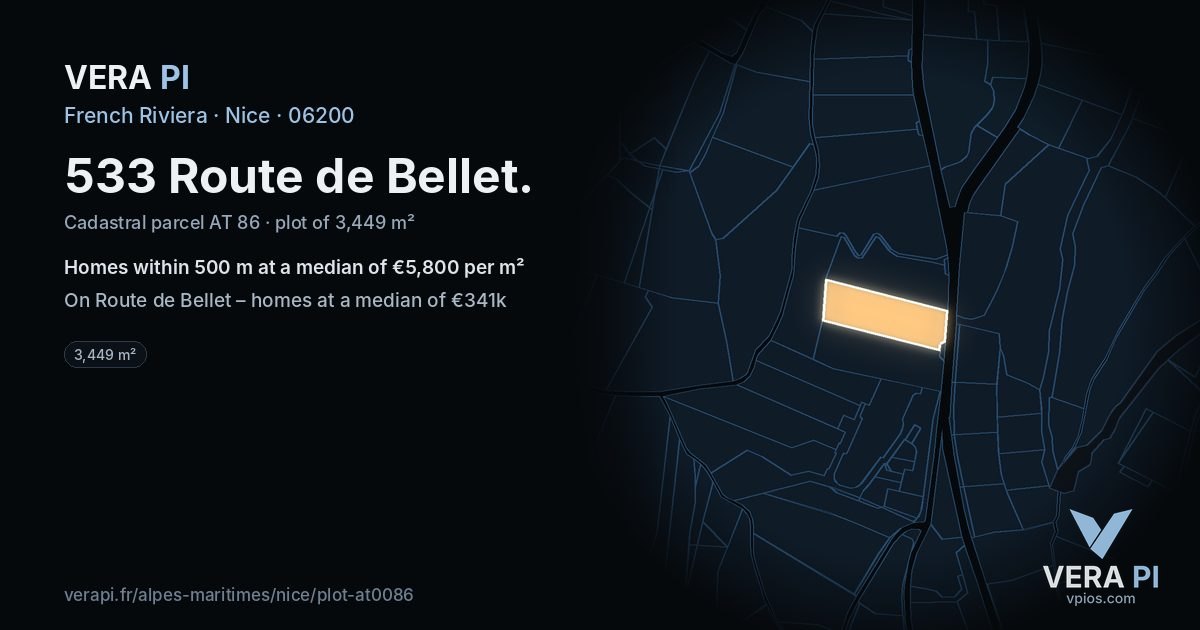 533 Route de Bellet, Nice at night – the plot lit, the parcels around coloured by the prices near them