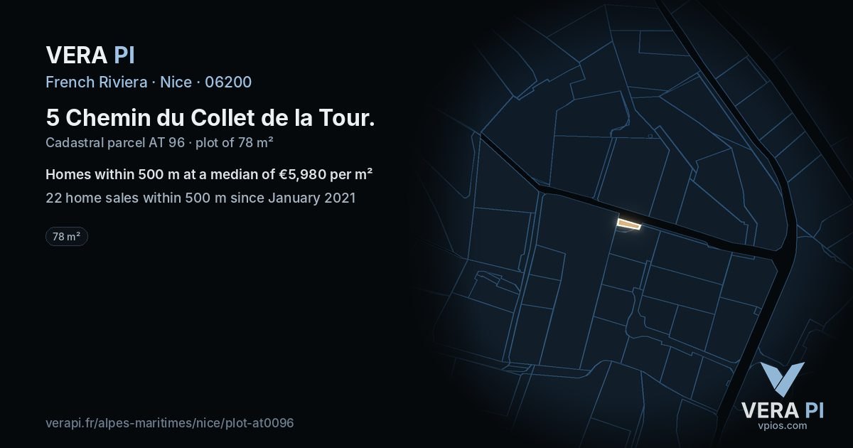 5 Chemin du Collet de la Tour, Nice at night – the plot lit, the parcels around coloured by the prices near them