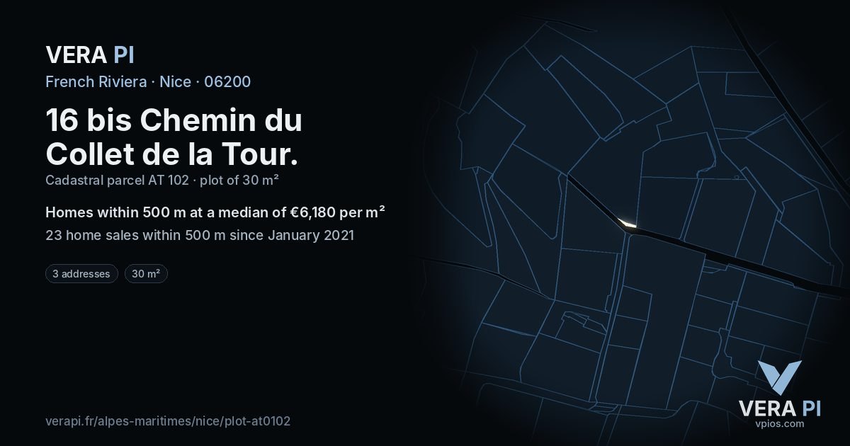 16 bis Chemin du Collet de la Tour, Nice at night – the plot lit, the parcels around coloured by the prices near them
