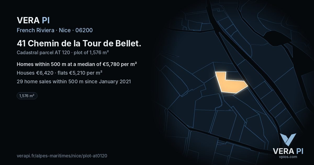 41 Chemin de la Tour de Bellet, Nice at night – the plot lit, the parcels around coloured by the prices near them