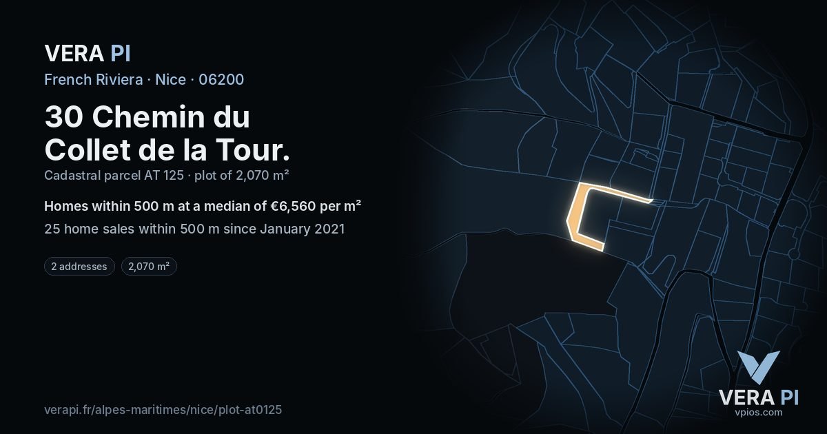 30 Chemin du Collet de la Tour, Nice at night – the plot lit, the parcels around coloured by the prices near them