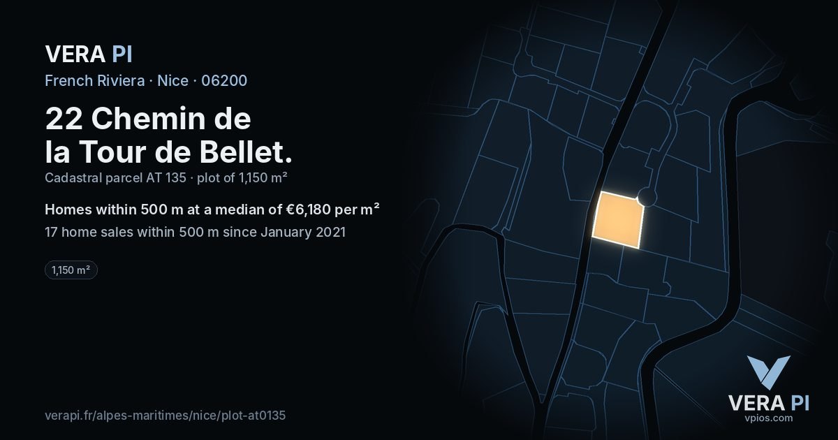 22 Chemin de la Tour de Bellet, Nice at night – the plot lit, the parcels around coloured by the prices near them