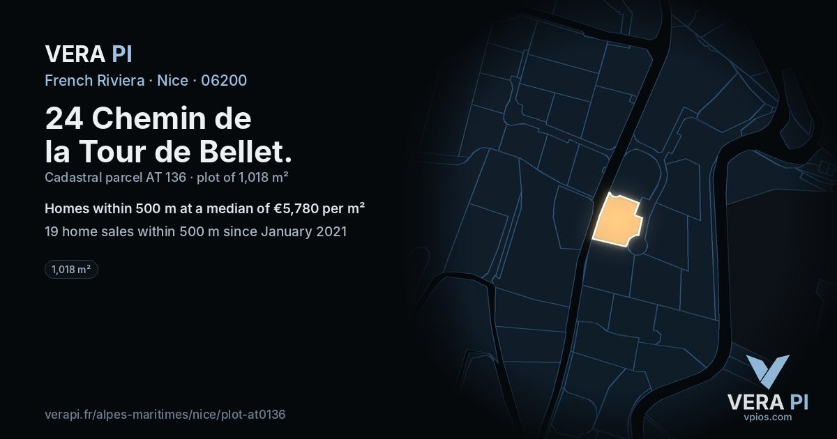 24 Chemin de la Tour de Bellet, Nice at night – the plot lit, the parcels around coloured by the prices near them