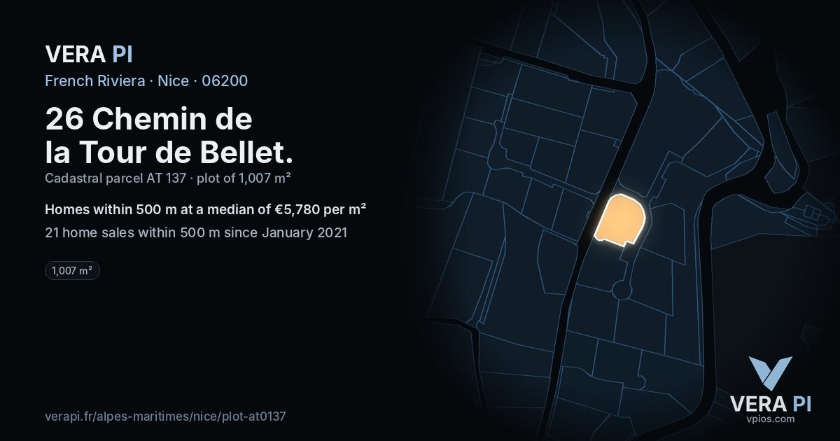 26 Chemin de la Tour de Bellet, Nice at night – the plot lit, the parcels around coloured by the prices near them