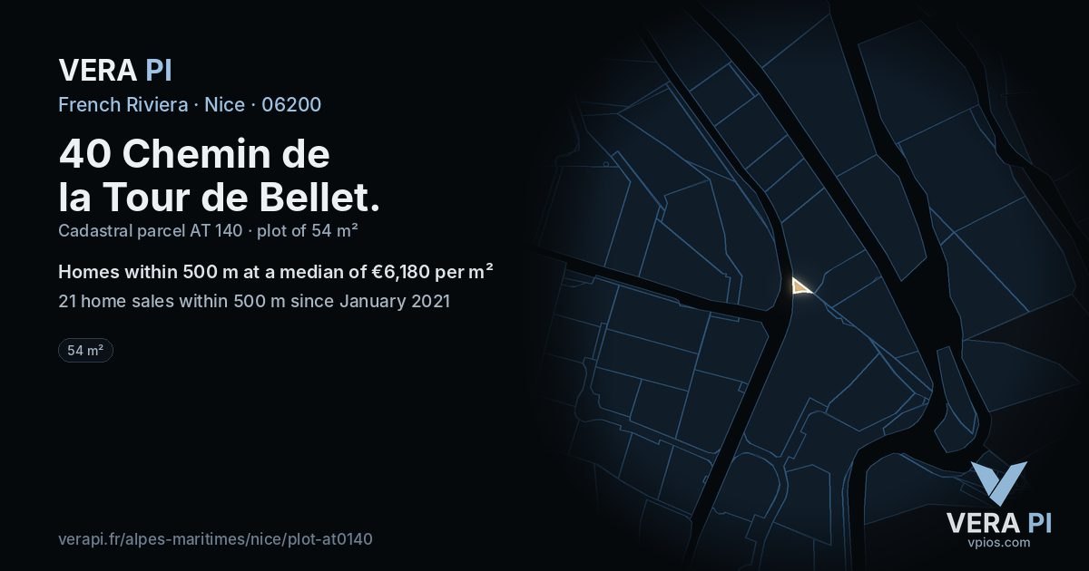 40 Chemin de la Tour de Bellet, Nice at night – the plot lit, the parcels around coloured by the prices near them