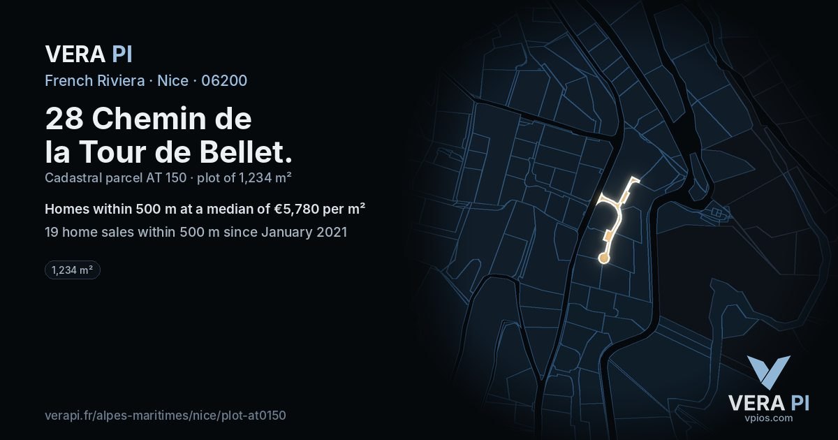28 Chemin de la Tour de Bellet, Nice at night – the plot lit, the parcels around coloured by the prices near them