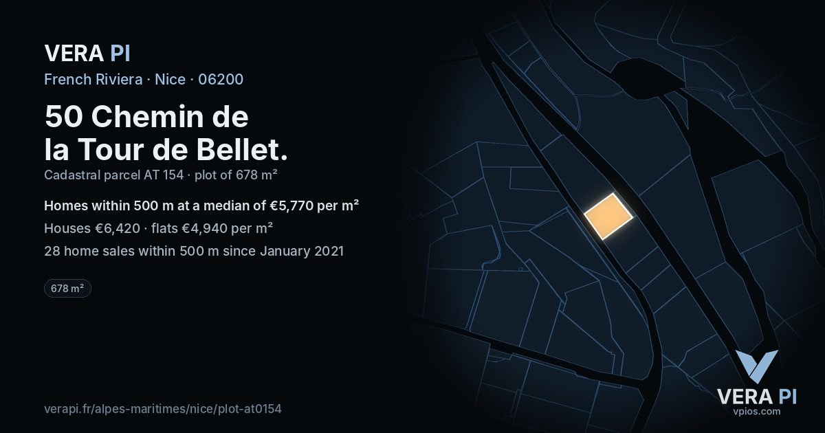 50 Chemin de la Tour de Bellet, Nice at night – the plot lit, the parcels around coloured by the prices near them