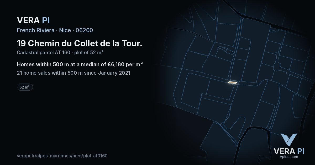 19 Chemin du Collet de la Tour, Nice at night – the plot lit, the parcels around coloured by the prices near them