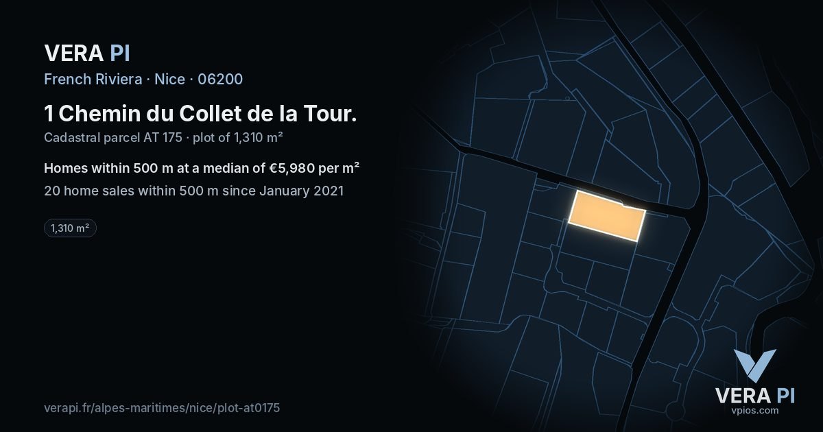 1 Chemin du Collet de la Tour, Nice at night – the plot lit, the parcels around coloured by the prices near them