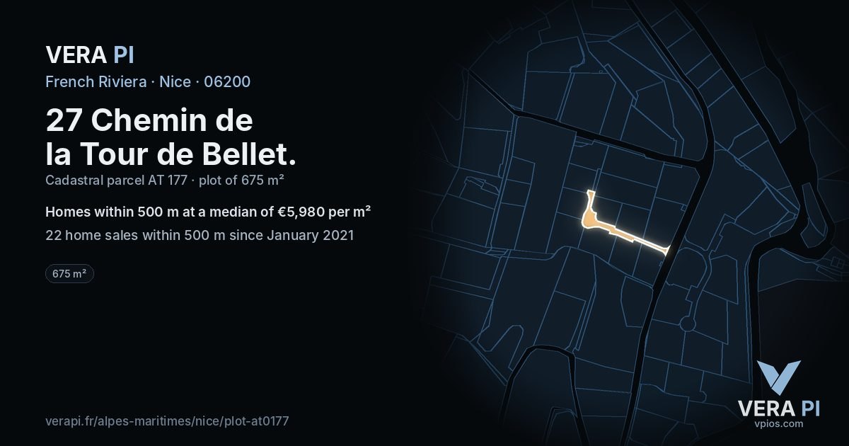 27 Chemin de la Tour de Bellet, Nice at night – the plot lit, the parcels around coloured by the prices near them