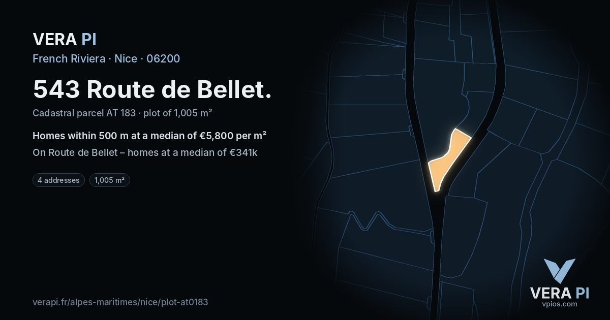543 Route de Bellet, Nice at night – the plot lit, the parcels around coloured by the prices near them