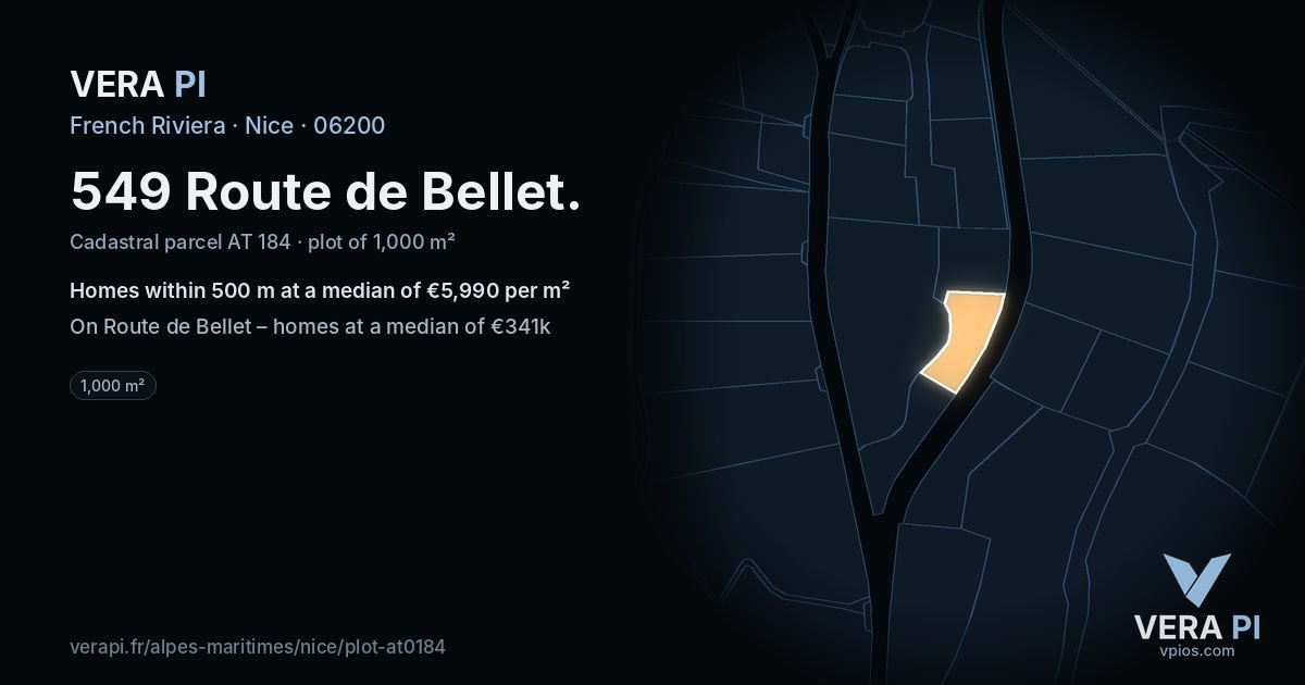 549 Route de Bellet, Nice at night – the plot lit, the parcels around coloured by the prices near them
