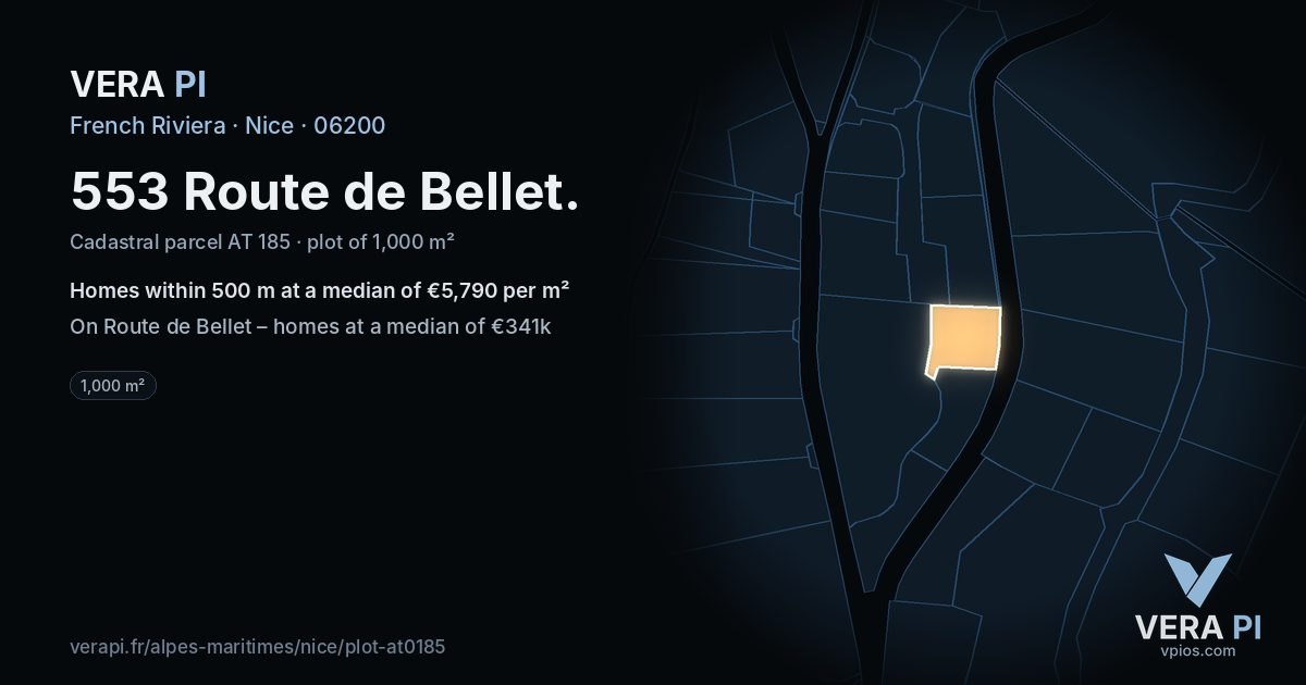 553 Route de Bellet, Nice at night – the plot lit, the parcels around coloured by the prices near them
