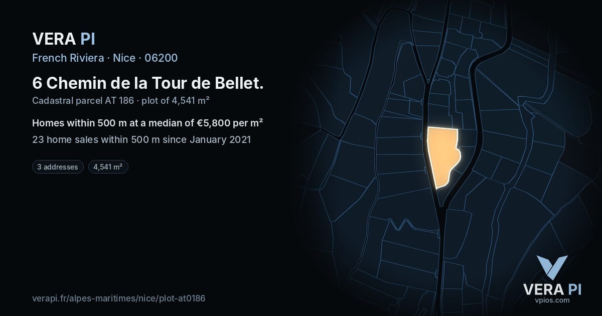 6 Chemin de la Tour de Bellet, Nice at night – the plot lit, the parcels around coloured by the prices near them