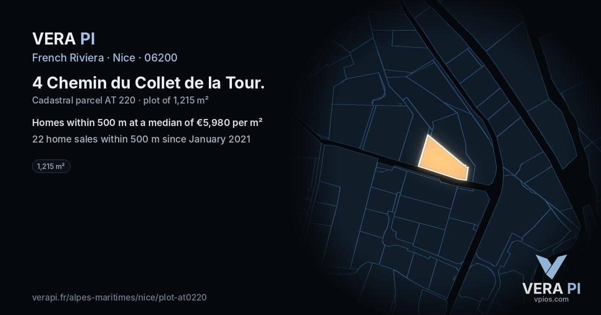 4 Chemin du Collet de la Tour, Nice at night – the plot lit, the parcels around coloured by the prices near them