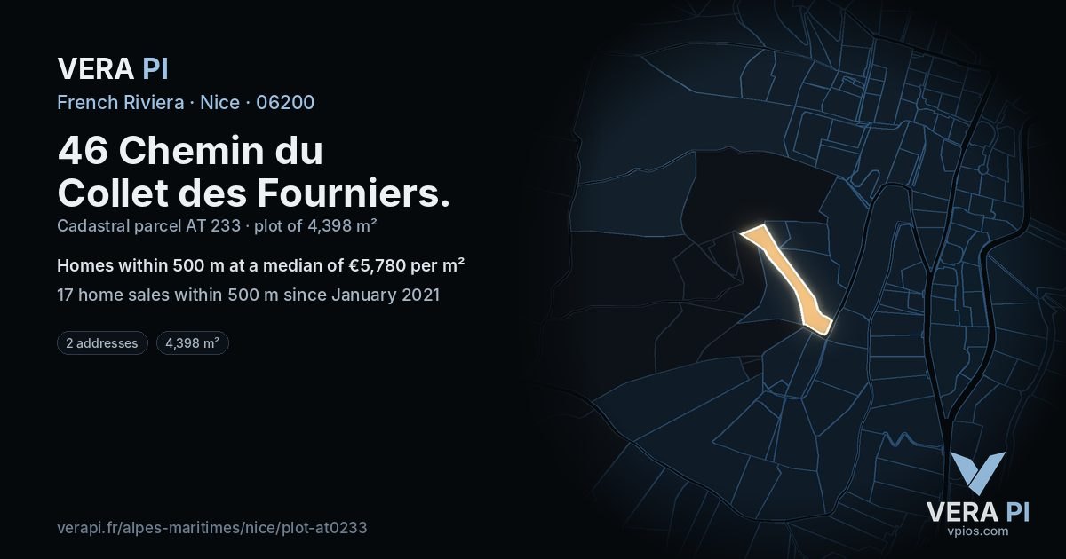 46 Chemin du Collet des Fourniers, Nice at night – the plot lit, the parcels around coloured by the prices near them