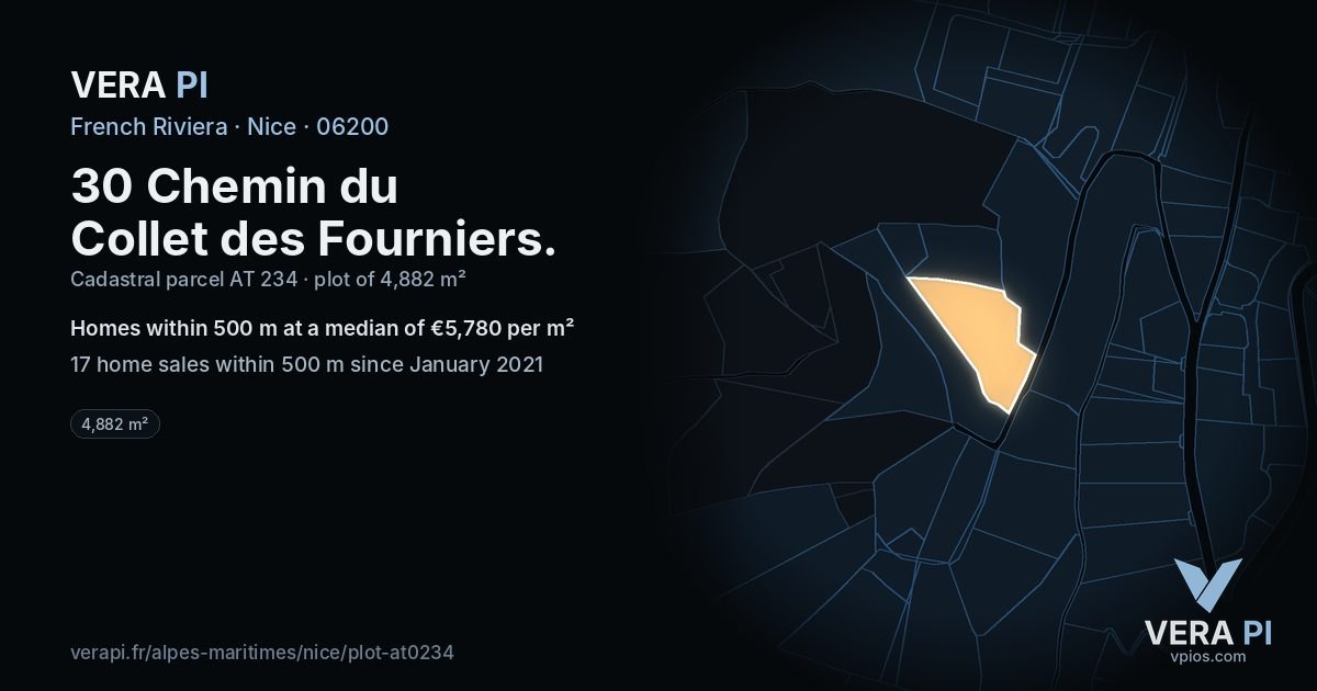 30 Chemin du Collet des Fourniers, Nice at night – the plot lit, the parcels around coloured by the prices near them