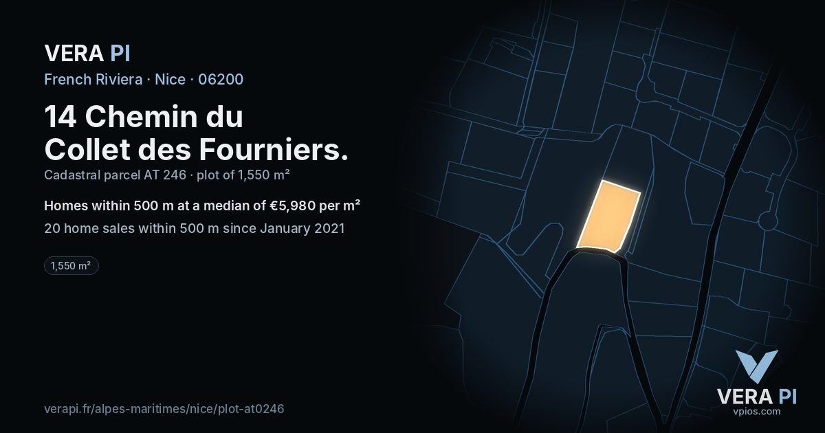 14 Chemin du Collet des Fourniers, Nice at night – the plot lit, the parcels around coloured by the prices near them