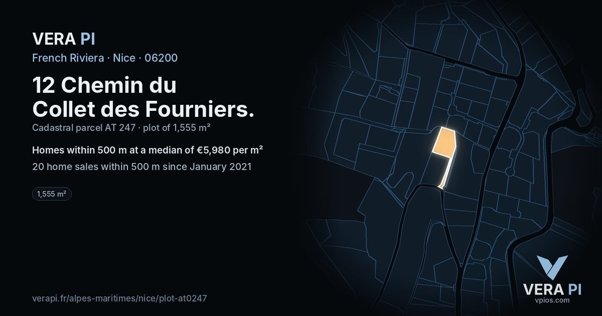 12 Chemin du Collet des Fourniers, Nice at night – the plot lit, the parcels around coloured by the prices near them