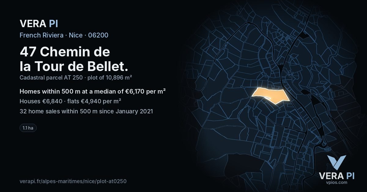 47 Chemin de la Tour de Bellet, Nice at night – the plot lit, the parcels around coloured by the prices near them