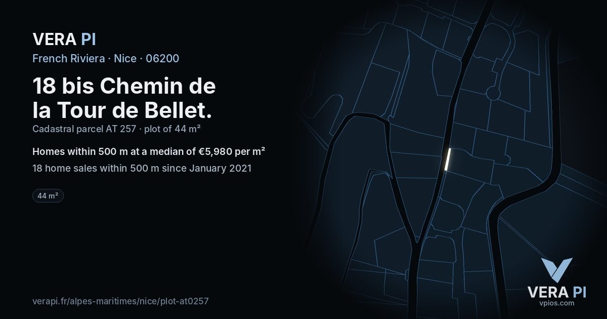 18 bis Chemin de la Tour de Bellet, Nice at night – the plot lit, the parcels around coloured by the prices near them
