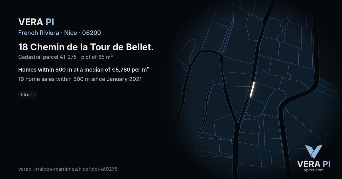 18 Chemin de la Tour de Bellet, Nice at night – the plot lit, the parcels around coloured by the prices near them