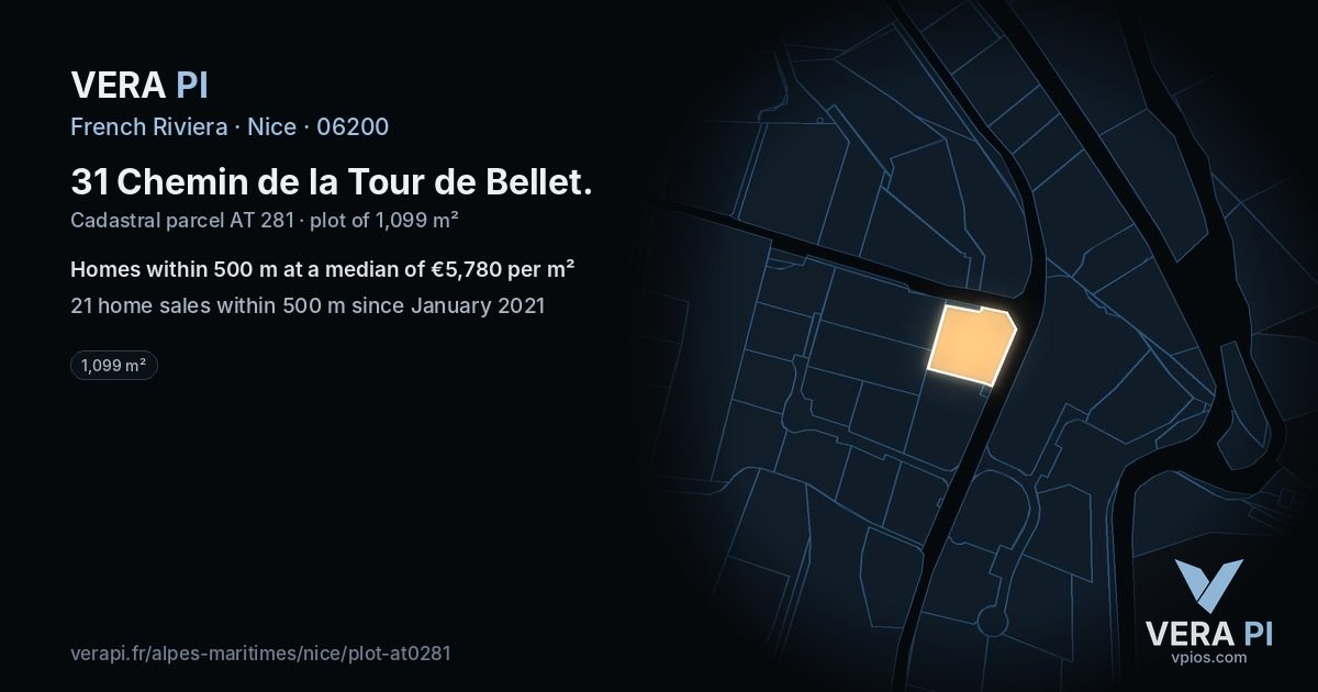 31 Chemin de la Tour de Bellet, Nice at night – the plot lit, the parcels around coloured by the prices near them