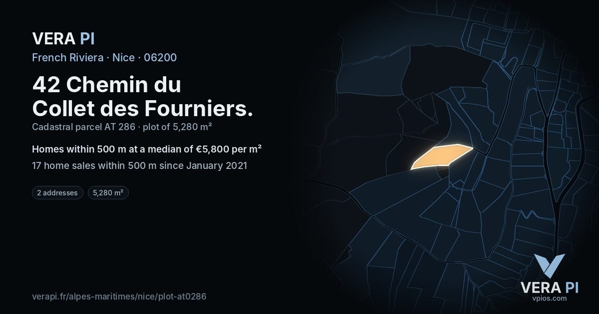 42 Chemin du Collet des Fourniers, Nice at night – the plot lit, the parcels around coloured by the prices near them
