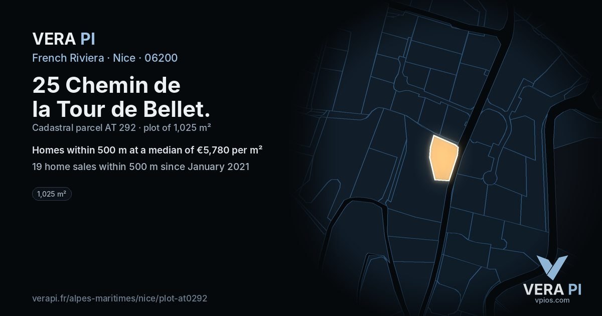 25 Chemin de la Tour de Bellet, Nice at night – the plot lit, the parcels around coloured by the prices near them