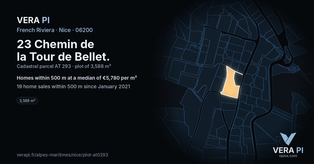 23 Chemin de la Tour de Bellet, Nice at night – the plot lit, the parcels around coloured by the prices near them