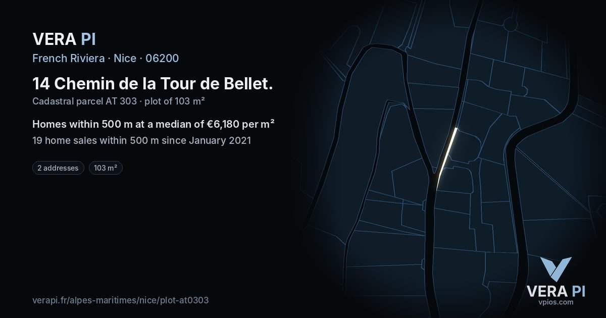 14 Chemin de la Tour de Bellet, Nice at night – the plot lit, the parcels around coloured by the prices near them