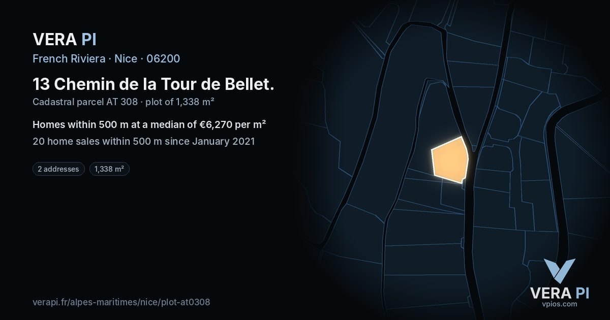 13 Chemin de la Tour de Bellet, Nice at night – the plot lit, the parcels around coloured by the prices near them