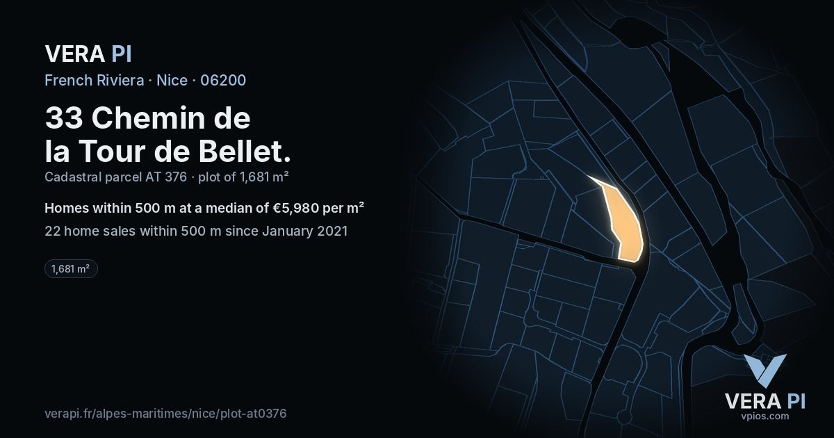 33 Chemin de la Tour de Bellet, Nice at night – the plot lit, the parcels around coloured by the prices near them