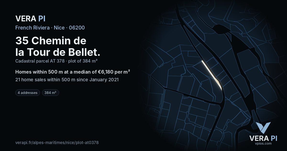 35 Chemin de la Tour de Bellet, Nice at night – the plot lit, the parcels around coloured by the prices near them