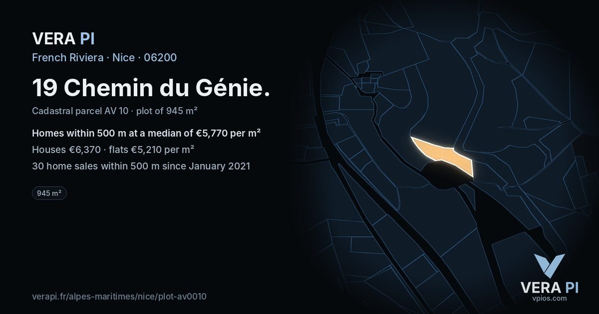 19 Chemin du Génie, Nice at night – the plot lit, the parcels around coloured by the prices near them