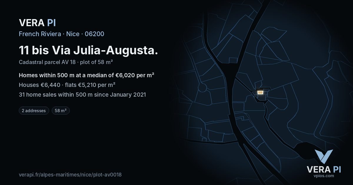11 bis Via Julia-Augusta, Nice at night – the plot lit, the parcels around coloured by the prices near them