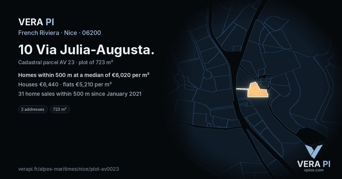10 Via Julia-Augusta, Nice at night – the plot lit, the parcels around coloured by the prices near them
