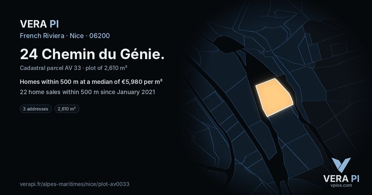 24 Chemin du Génie, Nice at night – the plot lit, the parcels around coloured by the prices near them