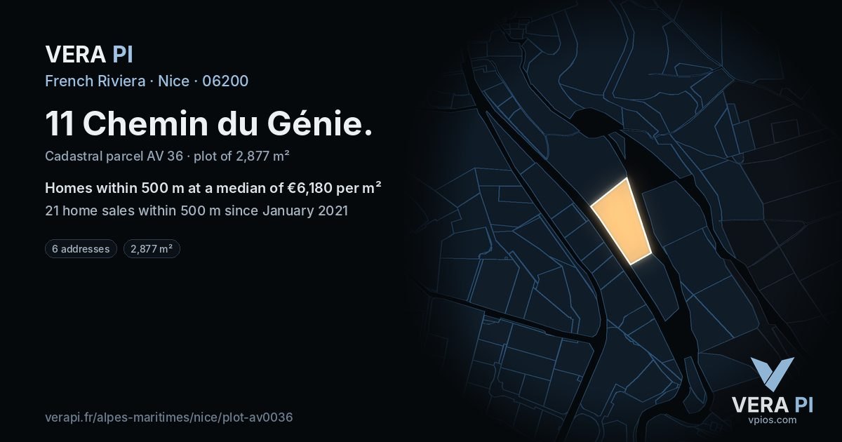 11 Chemin du Génie, Nice at night – the plot lit, the parcels around coloured by the prices near them