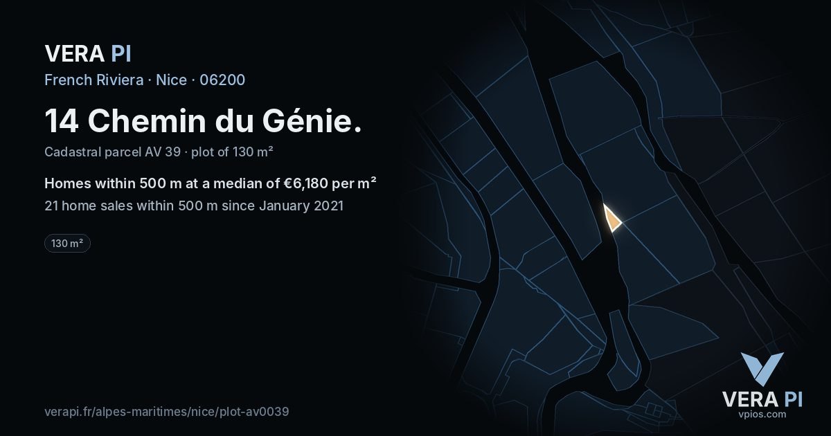 14 Chemin du Génie, Nice at night – the plot lit, the parcels around coloured by the prices near them