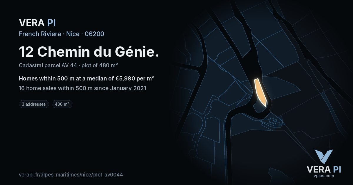12 Chemin du Génie, Nice at night – the plot lit, the parcels around coloured by the prices near them
