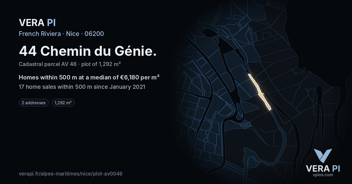 44 Chemin du Génie, Nice at night – the plot lit, the parcels around coloured by the prices near them