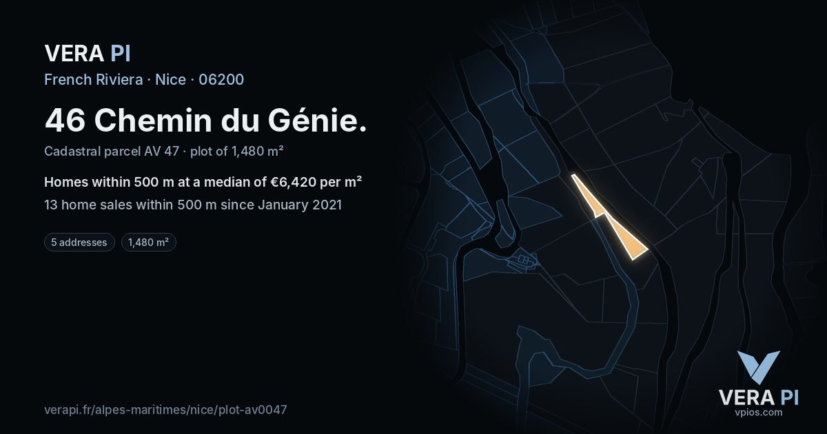 46 Chemin du Génie, Nice at night – the plot lit, the parcels around coloured by the prices near them