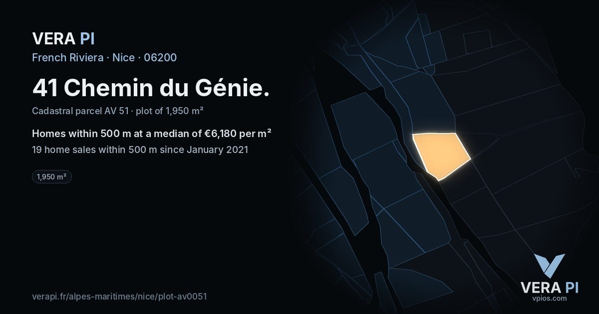 41 Chemin du Génie, Nice at night – the plot lit, the parcels around coloured by the prices near them